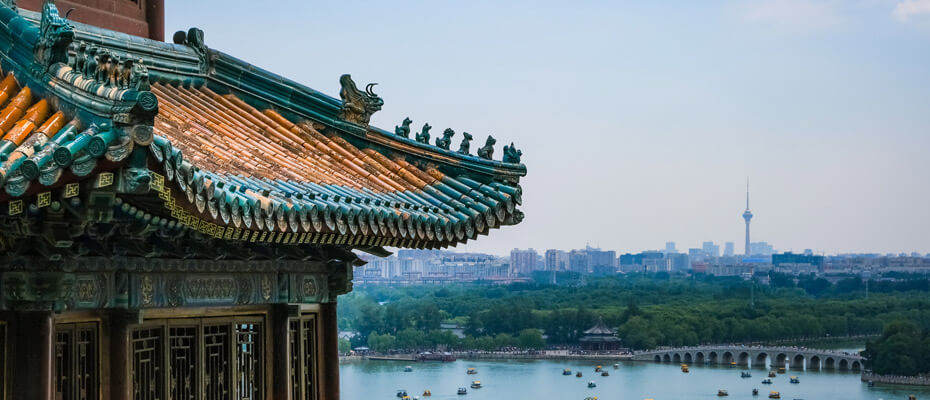Traditional Chinese architecture overlooking a city